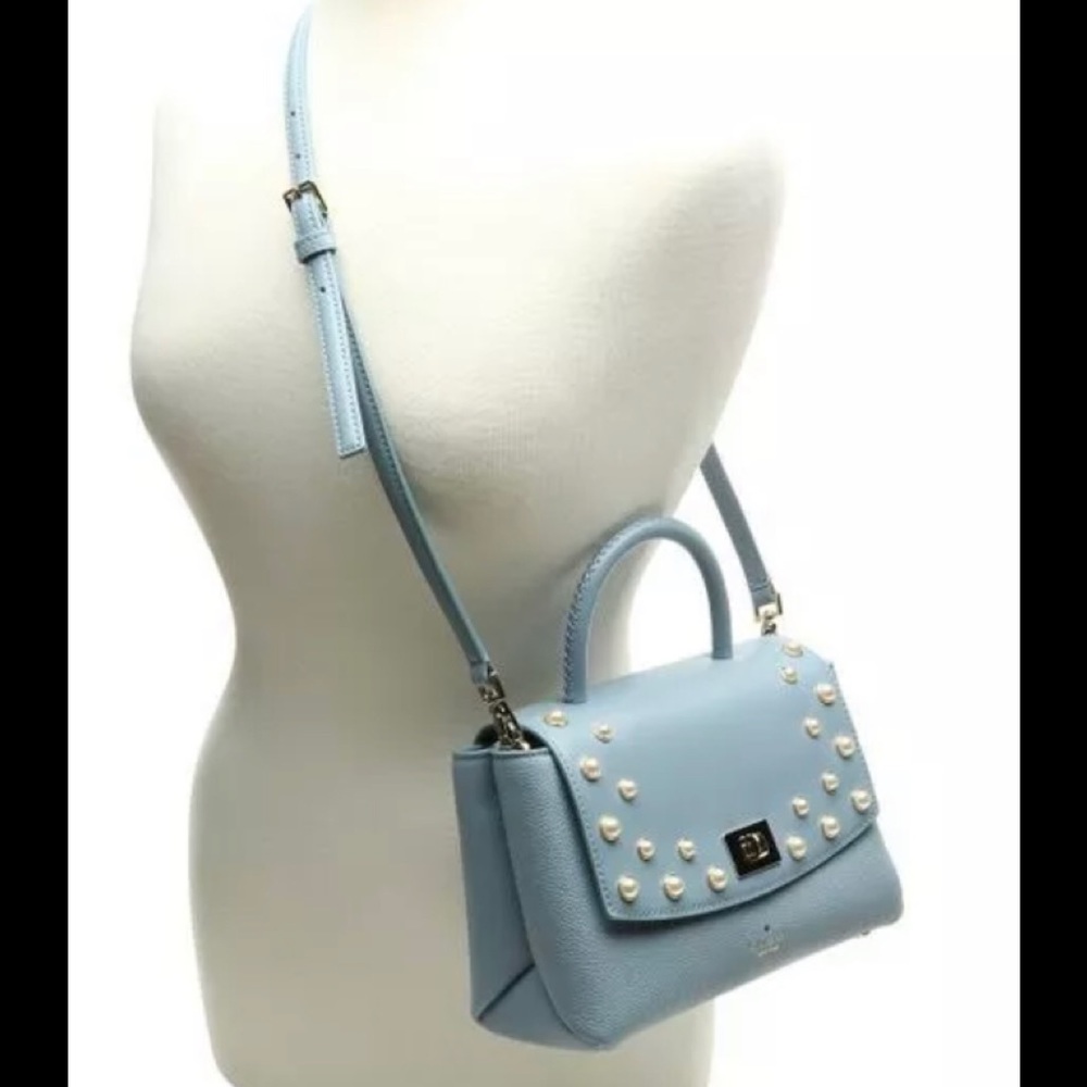 Light Blue Pearl-Embellished Top Handle Crossbody Bag